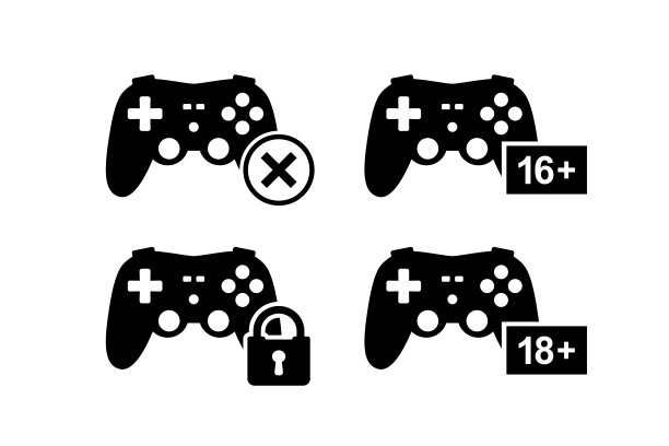 游戏控制器图标。用挂锁操纵杆。家长控制标签。年龄限制。对互联网媒体内容的控制。禁止游戏。一组单色象形文字。图片下载
