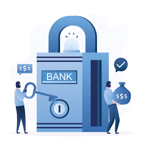 抢劫犯从保护严密的银行里取钱。强盗正在抢劫银行系统。黑客获取了银行系统的密钥和密码。犯罪、非法图片下载