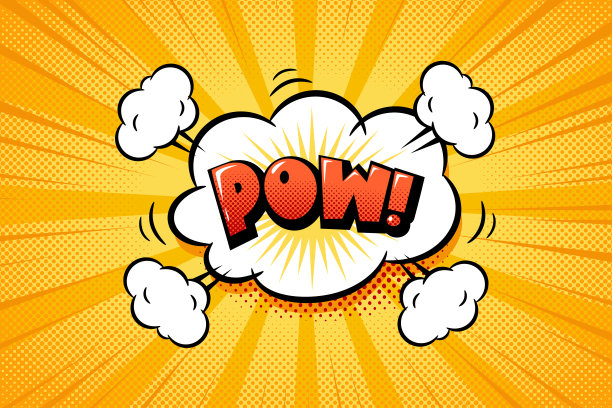 Pow漫画演讲气泡与云，射线和半色调效果黄色背景。图片下载