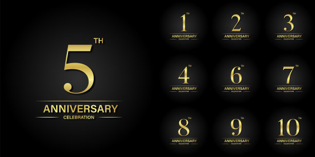 一套1 -10周年庆典徽章，金色和黑色背景。矢量设计的庆祝活动，邀请卡和贺卡。图片下载