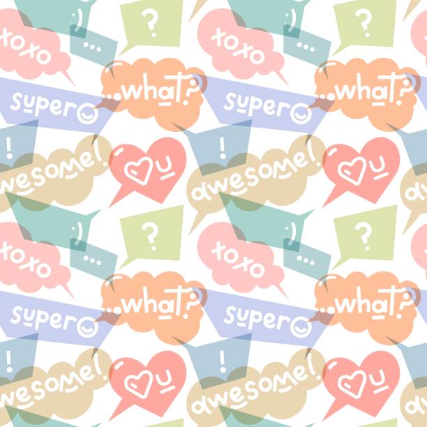 矢量无缝模式与柔和的颜色透明语音气泡与文字和符号。可重复的背景与呼叫形状。社交媒体的传播概念，贴纸，海报。图片下载