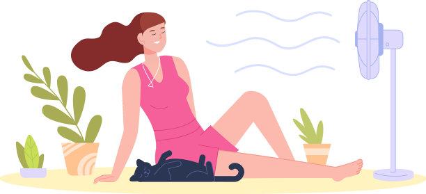 女人冷却风扇放松女孩与宠物使用图片下载