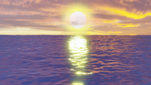 三维渲染图像日出在海上与反射在水中图片下载