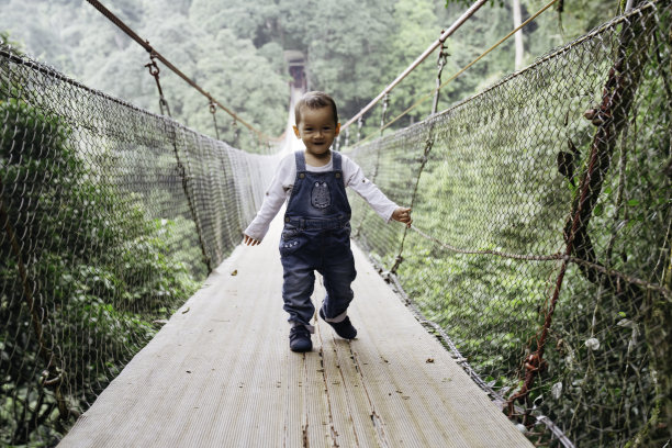 可爱的宝宝在吊桥上学习走路图片下载