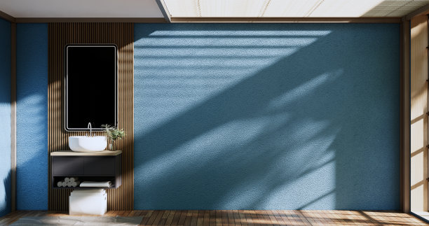 浴室上的蓝色浴室和厕所日本侘寂风格。3d渲染图片下载