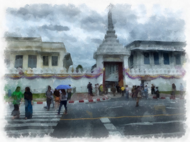 泰国曼谷佛寺景大皇宫水彩风格插画印象派画作。图片下载