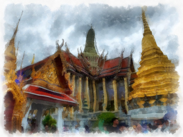 泰国曼谷佛寺景大皇宫水彩风格插画印象派画作。图片下载