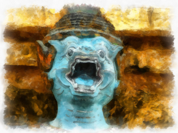 泰国曼谷佛寺景大皇宫水彩风格插画印象派画作。图片下载