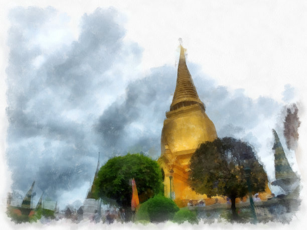 泰国曼谷佛寺景大皇宫水彩风格插画印象派画作。图片下载