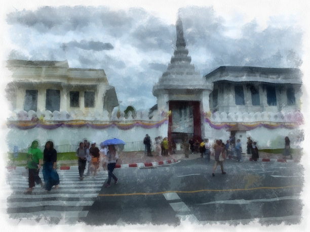 泰国曼谷佛寺景大皇宫水彩风格插画印象派画作。图片下载