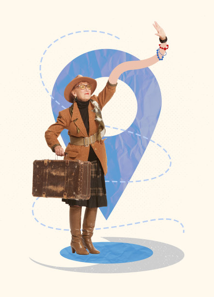 当代艺术拼贴。高级时尚的女人，女士与老式行李箱抓汽车与长手。冒险旅行图片下载