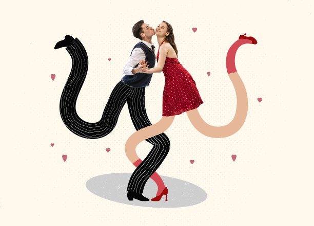 当代艺术拼贴。年轻人，男男女女用长腿跳舞，表演。浪漫图片下载