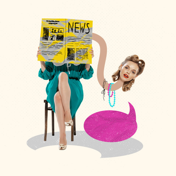 当代艺术拼贴。年轻时髦的女人在看报纸，寻找信息。头朝长手图片下载