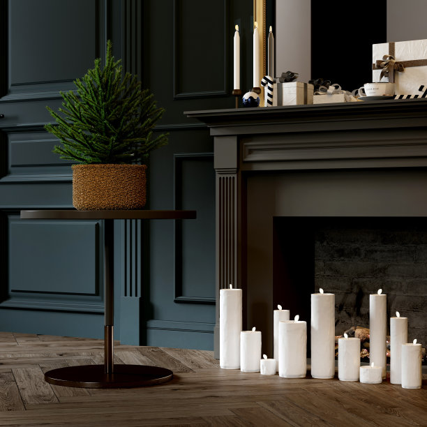 圣诞树在客厅的花盆里。圣诞节的背景。3 d渲染。图片下载