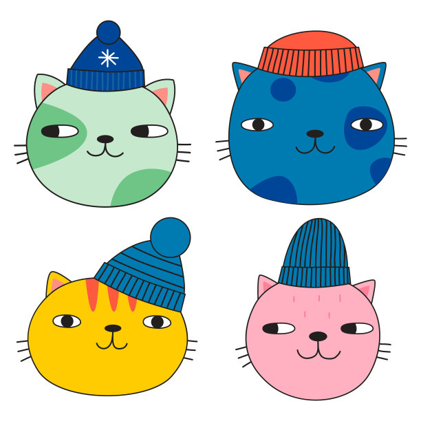 一组戴着冬帽的可爱猫脸。涂鸦风格。矢量图图片下载