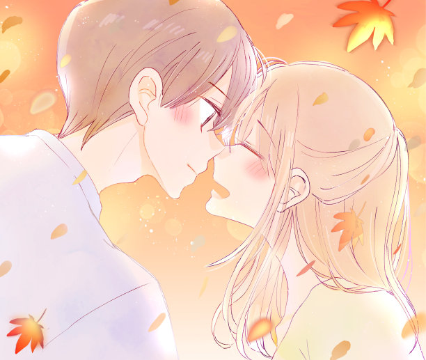 幸福的男女在秋叶中面对面图片下载