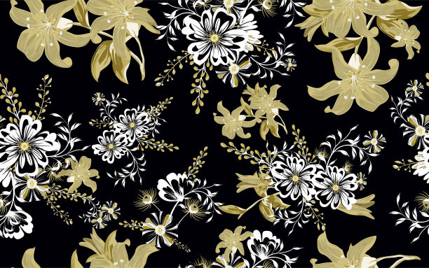 无缝百合甘菊花卉图案背景的织物印花。图片下载