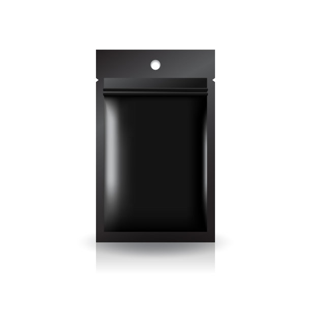 黑色箔，塑料，纸扁平拉链袋圆挂孔食品，健康，美容产品。孤立的白色背景与阴影。可以用于包装设计。现实的矢量图。图片下载