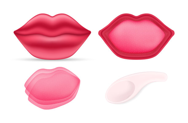 水凝胶唇补丁。用透明质酸在红色塑料容器里滋润粉色补丁。凝胶面膜干皱的嘴唇在白色背景。模板。矢量插图为美设计图片下载