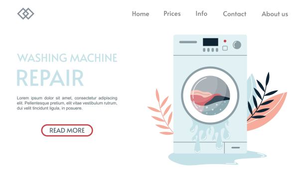 家电维修登陆页。洗衣机在树叶的背景。洗衣机坏了，地上有水。需要修理的家用电器。平面向量插图。图片下载