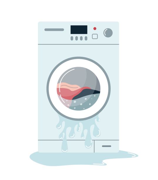 洗衣机坏了，地上有水。水在地板上流动。洗衣机泄漏。需要修理的家用电器。平面矢量插图在白色孤立的背景。图片下载