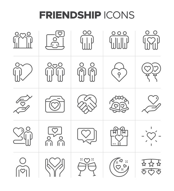 友谊的图标集。拥抱，关心，支持和最好的朋友的象征。好朋友，最好的朋友，慷慨和同情的图标设置在细线风格图片下载