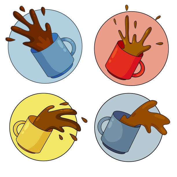 打翻了一杯咖啡。喷雾和下降。厨房操作草率。喝含咖啡因。卡通插图。图片下载