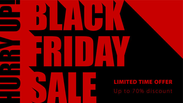 黑色星期五销售的网站横幅长影子设计。单色极简的传单模板，黑色和红色的宣传横幅。快点。限时优惠，七折优惠图片下载