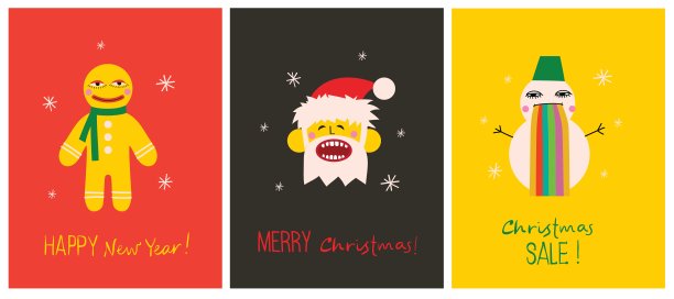 圣诞快乐，2023年新年快乐。矢量时髦的抽象插图的节日贺卡与圣诞老人，鹿，疯狂的几何形状，圣诞树和花环的海报。图片下载