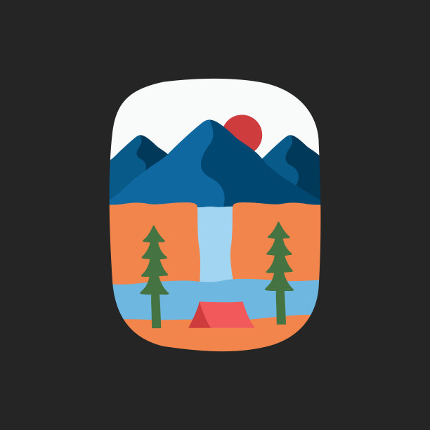 设计在瀑布自然山旁露营的徽章，贴纸，贴片，t恤设计等图片下载