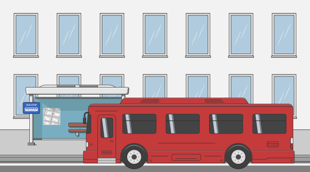 红色公共汽车在公共汽车站附近的建筑物侧视图矢量平面插图图片下载