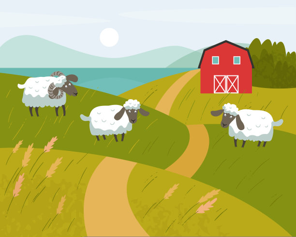 长着黑嘴的白羊在草地上吃草。背景是红色的农场。矢量平面插图。图片下载