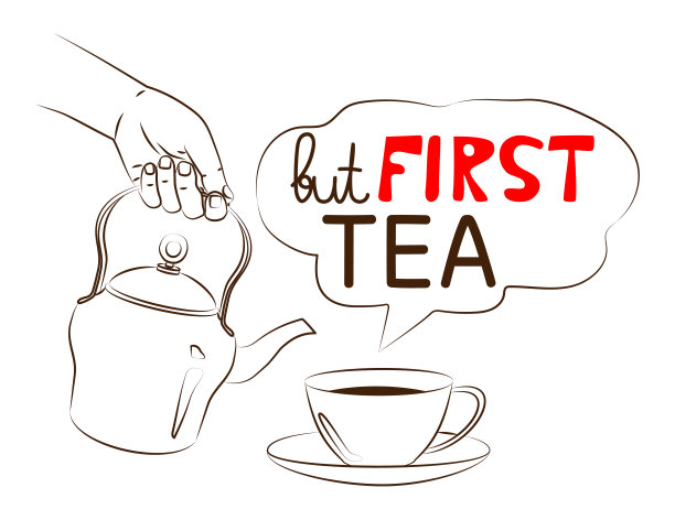 但首先,茶。早上好或有趣的谈话始于一杯浓香的茶。金属水壶和带碟子的杯子，喝茶的传统。草图，可编辑的直线轮廓图图片下载
