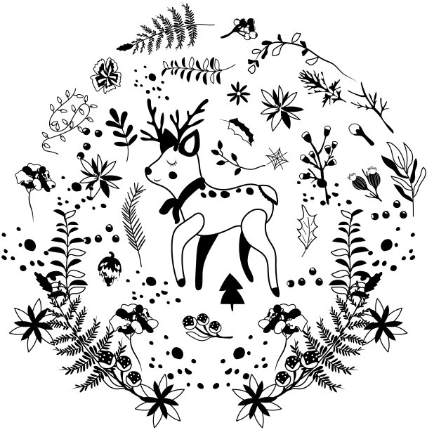 黑色和白色的可爱的小鹿在围巾在冬天的花环，冬天的浆果和树叶，花环等。斯堪的纳维亚的动物。非常适合贺卡，海报，传单，横幅。向量图片下载