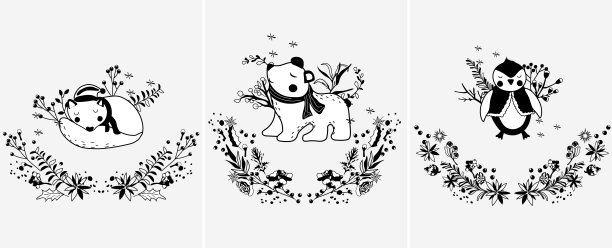 黑色和白色的一只戴着帽子的睡着的狼，可爱的北极企鹅，有趣的北极熊，冬天的花环，树叶和浆果。圣诞和新年的概念。完美的贺卡，海报，明信片，横幅。图片下载