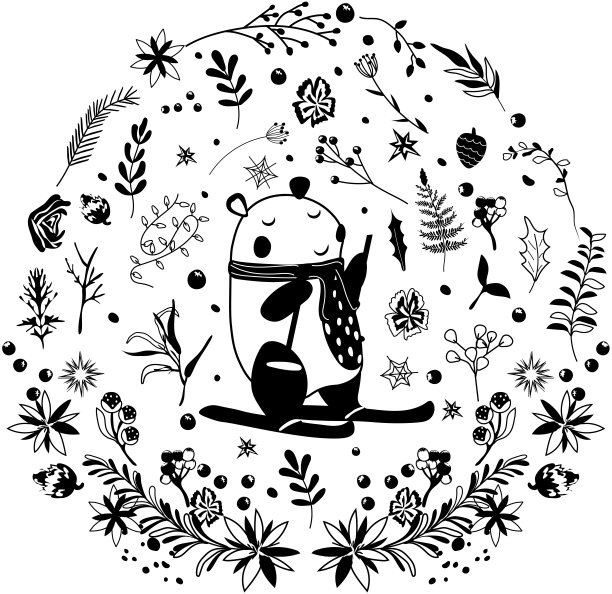 神奇的冬天，戴着围巾的有趣的熊在滑雪，圣诞花环，冬天的浆果，树叶，花环。圣诞和新年的概念。完美的贺卡，海报，明信片，横幅。向量图片下载