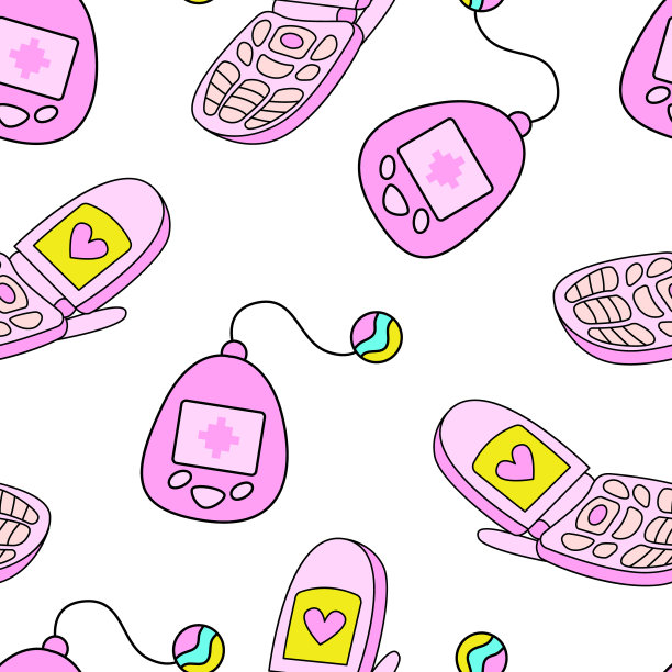 无缝图案与可爱的电子宠物和翻盖手机在复古美学图片下载