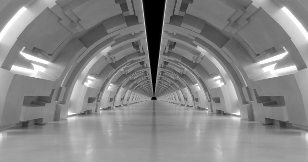 3 d渲染。走廊由轻质大理石制成，墙上有装饰元素，延伸到远处。图片下载