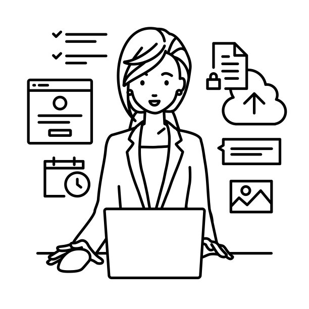 一位身着西装的女士在办公桌上使用笔记本电脑浏览网站、搜索资料、在云端共享文件、安排日程、管理项目、组织任务以及与团队沟通图片下载
