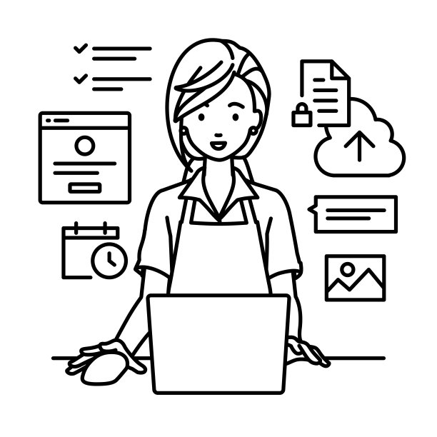 一个女人在围裙咖啡馆用笔记本电脑浏览网站，搜索，共享云文件，安排，管理项目，组织任务，和团队在她的办公桌上交流图片下载