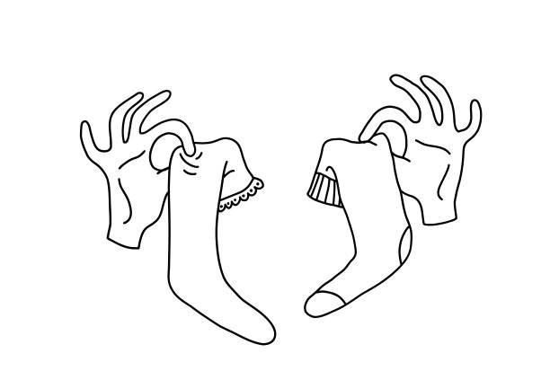 涂鸦手用摊开的手指握住不同的袜子。手与未配对的棉袜手绘轮廓。在白色背景上孤立的脚的温暖的衣服的矢量插图。图片下载