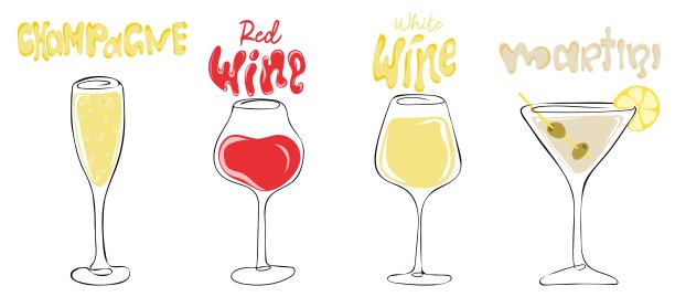一套酒精饮料。香槟、红酒、白葡萄酒和马提尼的手绘酒杯图片下载