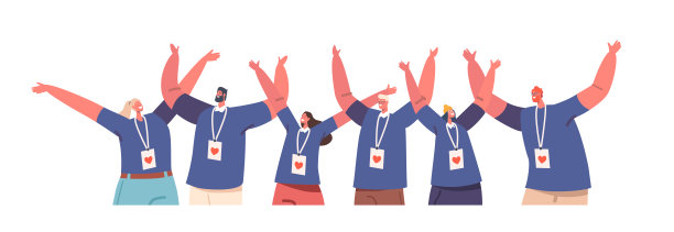 红心徽章的志愿者举手欢呼，白色背景下孤立的志愿者社区图片下载