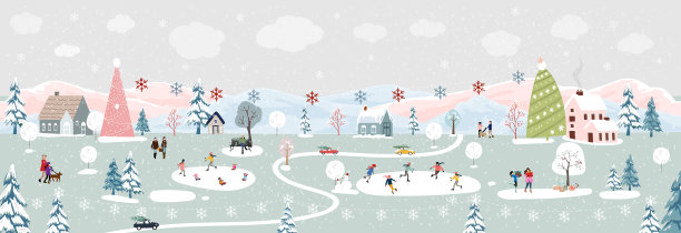 夜晚的冬日仙境景观背景，人们在村里的公园庆祝，孩子们在玩耍。矢量插图可爱的卡通贺卡或横幅为圣诞节或新年图片下载