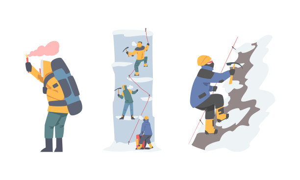 登山者在冬季远足。登山运动卡通矢量插图图片下载