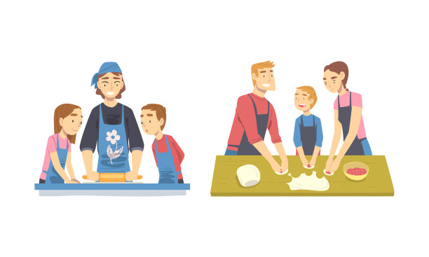 一组家庭在厨房里煮饺子。父母和孩子在一起的时间卡通矢量插图图片下载