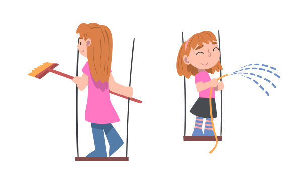 可爱的小女孩挂在绳子上用刷子清洁和喷水卡通矢量插画图片下载