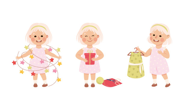 可爱的小女孩在日常活动设置。微笑的孩子拿着花环，包装礼品盒和选择新衣服卡通矢量插画图片下载
