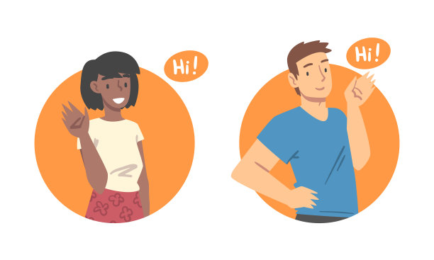 年轻的男女在打招呼。微笑的人做问候手势卡通矢量插画图片下载