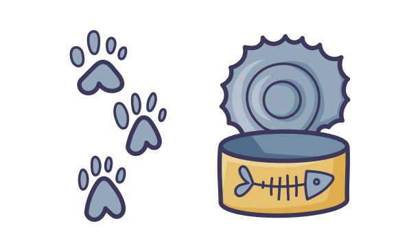 猫爪印和打开的宠物食物可以卡通矢量插画图片下载